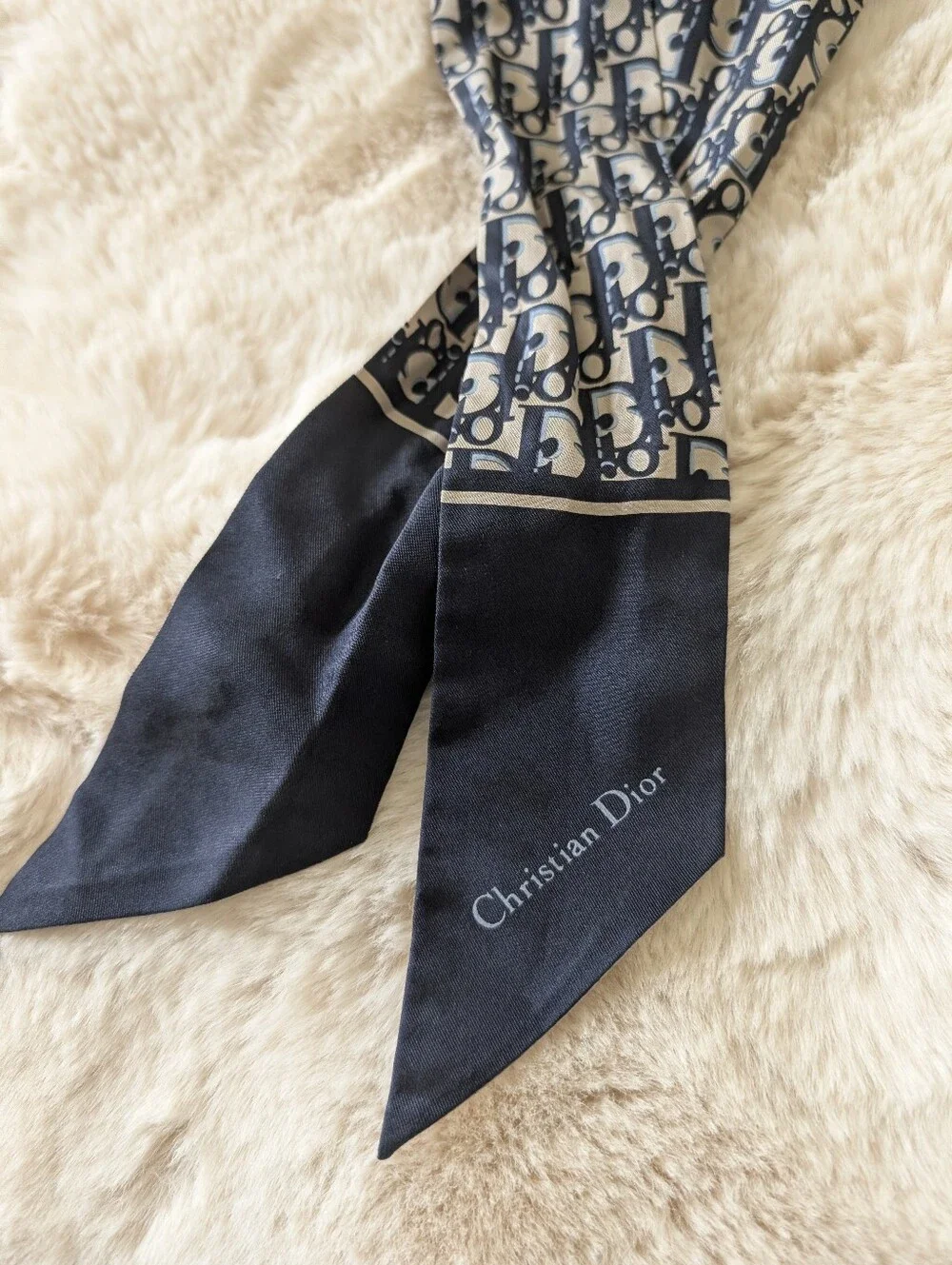 Dior Navy and Cream Logo Twilly Scarf